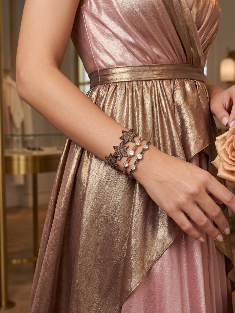 Handmade Rose Gold Beaded Bracelet Stack | Star Crystal Boho Jewelry